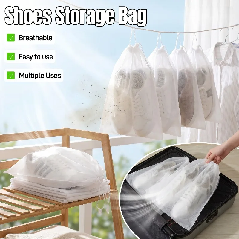 100 Peças de Capas Protetoras Respiráveis Anti-Poeira de Não-Tecido com Cordão, Sacos de Armazenamento Transparentes, Bolsas de Viagem e Sacos para Sapatos, para Secagem e Proteção de Calçados