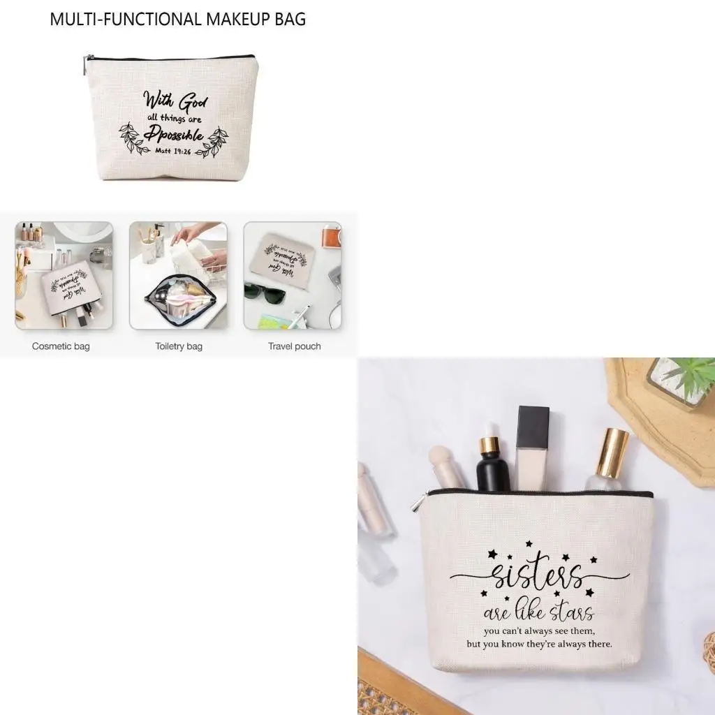 

652F Portable Makeup Bag with Zippered Inspirational Letters Printed Imitation Linen Toiletries Pouches Cosmetics