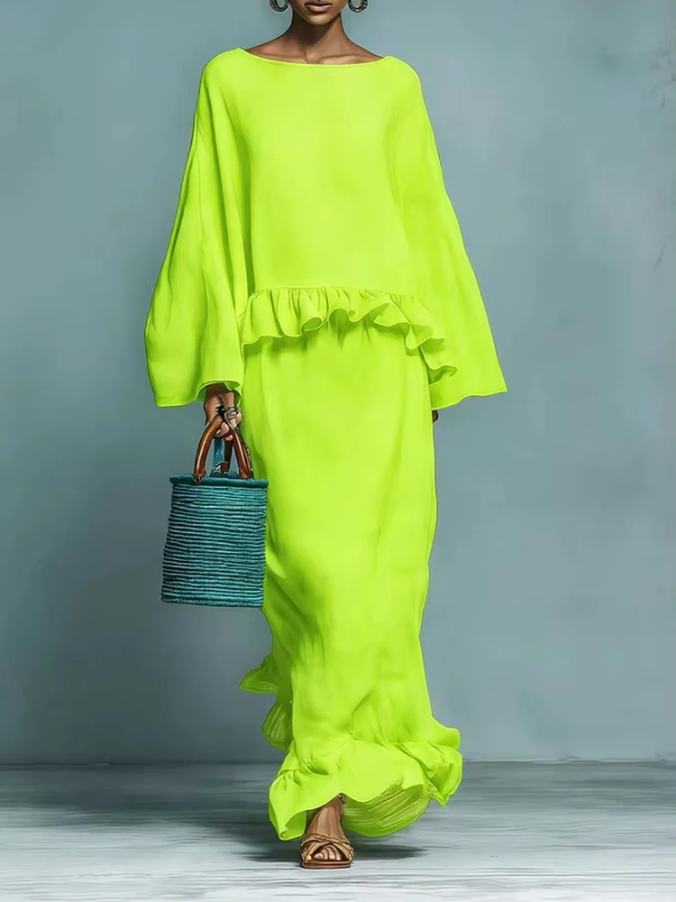 

Весенний элегантный комплект: пуловер с круглым вырезом и длинная юбка, женский повседневный костюм из двух предметов с длинными рукавами, свободный крой, летний модный драпированный однотонный наряд