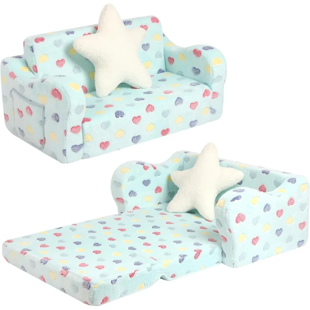 

Toddler Couch 2 in 1 Kids Soft Sofa Foldable Lounger with Star Pillow Extra Wide Colorful Heart Design