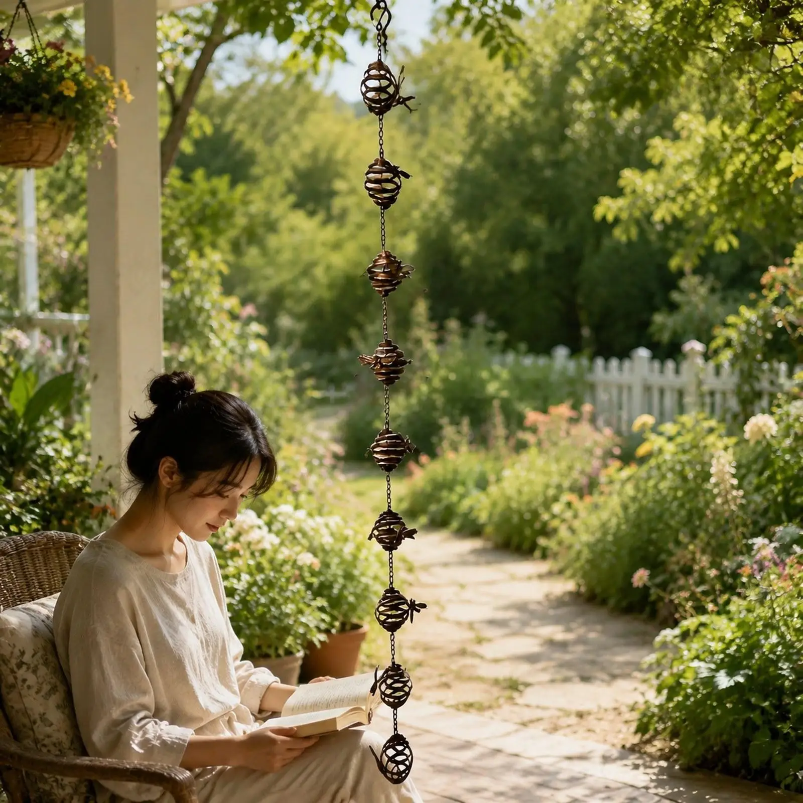 Metal Rain Chain with Bee Ornaments Outdoor Water Guide Cup for Gutter Shed Eaves Collection