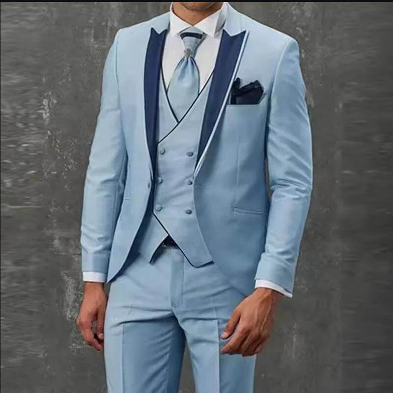 

Light Blue Men Suits Smart Casual Slim Fit Wedding Blazer Hombre High Quality Custom 3 Piece Set Jacket Pants Vest Costume Homme