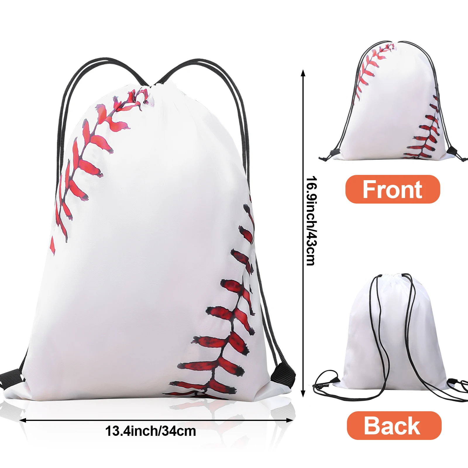 12 Pcs White Baseball Pattern Outdoor Sports Backpack Drawstring Bags Shopping Bag