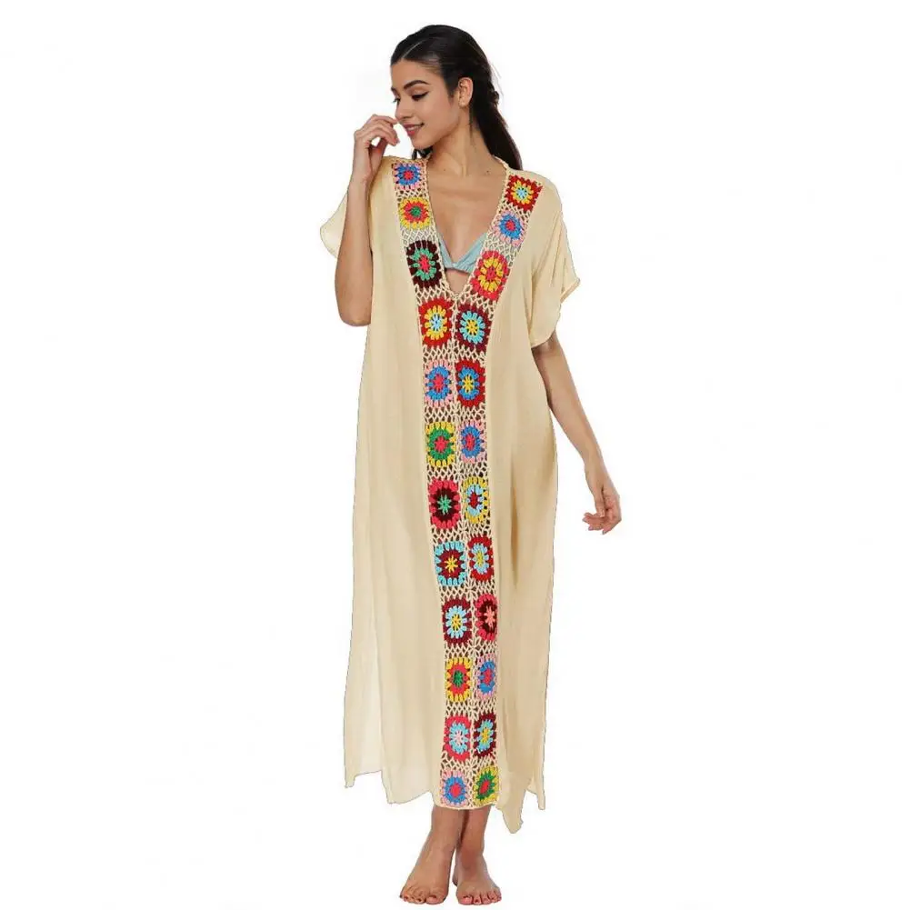 

Beach Cover-up Stylish Women's Crochet Flower Decor Cover Up Dress for Beach Pool V-neck Short Sleeve Swimsuit for Summer