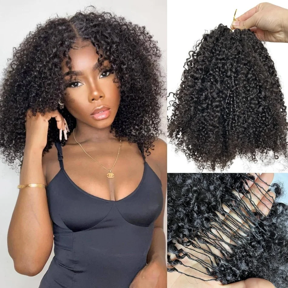 

Накладные волосы из натуральных человеческих волос Kinky Curly Feather Crochet, бесшовные, невидимые узлы, предварительно разделенные, бразильские пучки