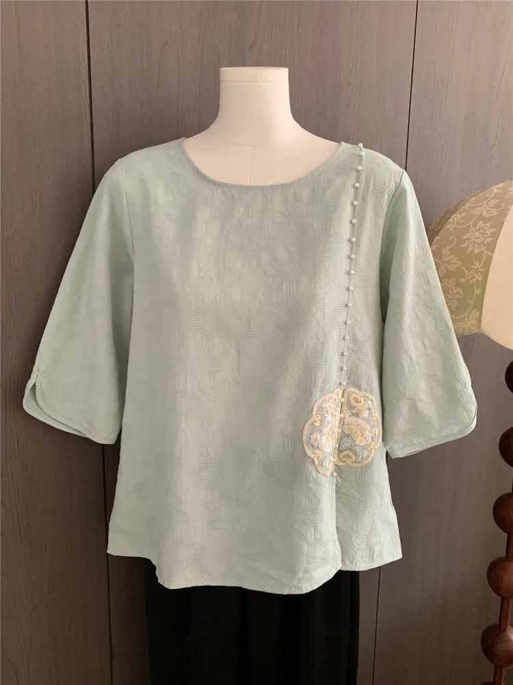 

Three Quarter Sleeve New Chinese Linen Cotton Blouse Spring Summer Age-Reducing Elegant Top Crew Neck Loose Versatile Shirt