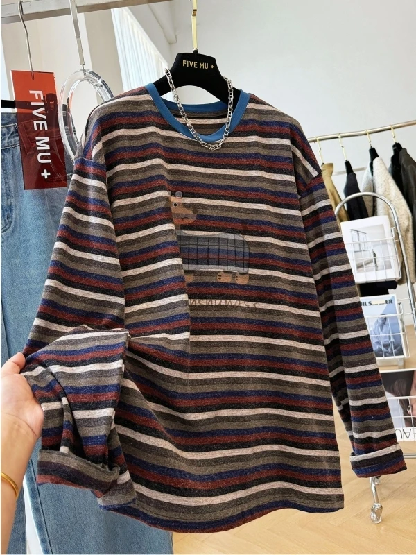 

Футболка большого размера 300 Pou в ретро-стиле с полосками, длинным рукавом, осенне-зимняя, с мультяшным принтом собаки, круглый вырез горловины