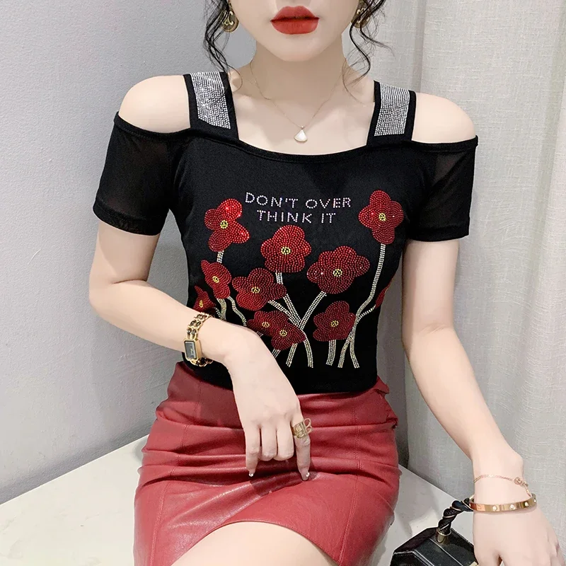 

Summer High Quality Diamond Double-Layer Ice Silk Gauze Short Sleeve T-Shirt New Fashion Off The Shoulder Women Tops ZL731