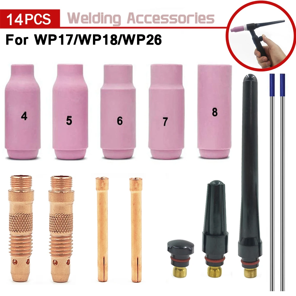 

14pcs Argon TIG Welding Torch Consumable WL20 Tungsten Electrodes Collet Body Alumina Nozzle Back Cap For WP17 WP18 WP26