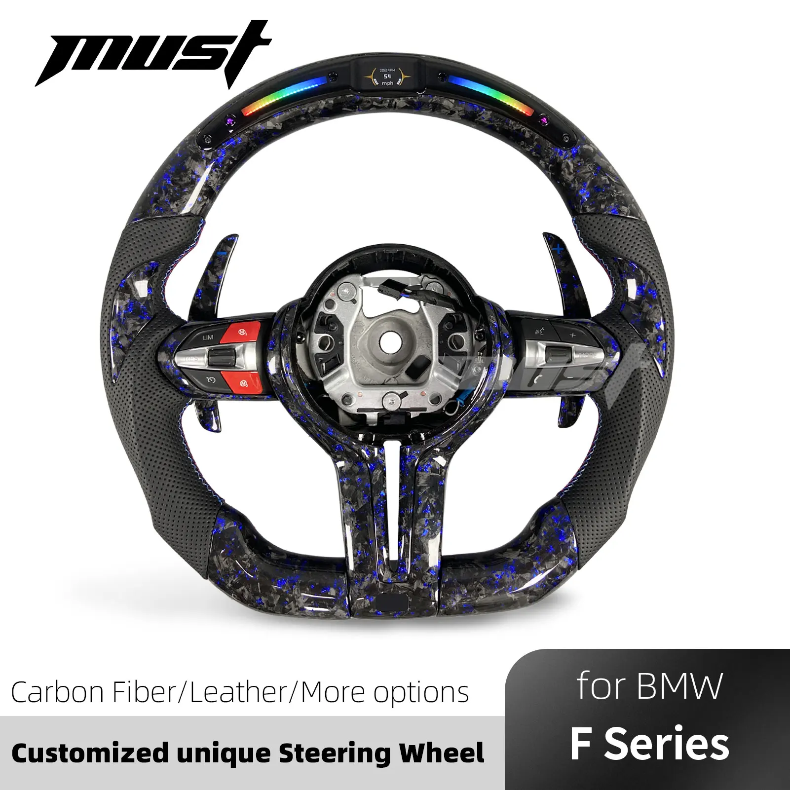 Custom LED Blue Flake Forged Carbon Fiber Steering Wheel for BMW F Series F10 F13 F15 F25 F30 X3 X5 X6 M2 M3 M4 M5 M6 2016-2021