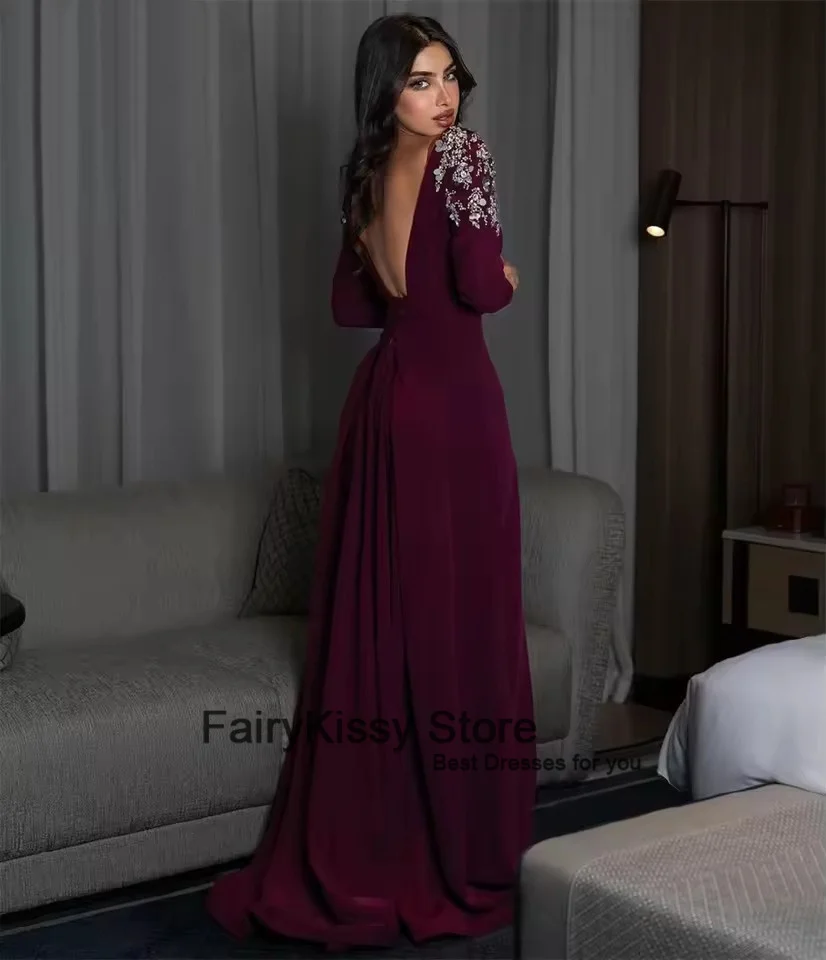 FairyKissy Chic Violettes Abendkleid A-Linie Silber Applikationen Kristall Plissee Rückenfreies Partykleid Promi-Abschlussballkleid Maßgeschneidert