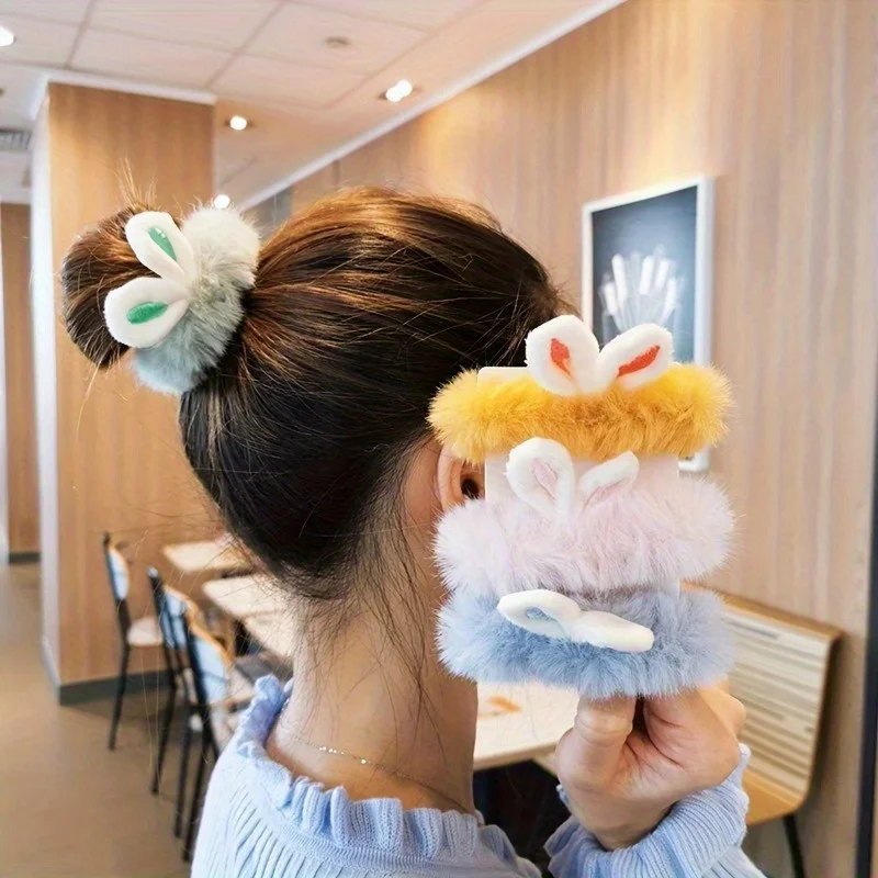 5 Stück Plüsch-Hasenohren-Haargummis – elastische Haarbänder im Bohemian- und minimalistischen Stil – einfarbige Hasenohren-Haargummis – Ostern