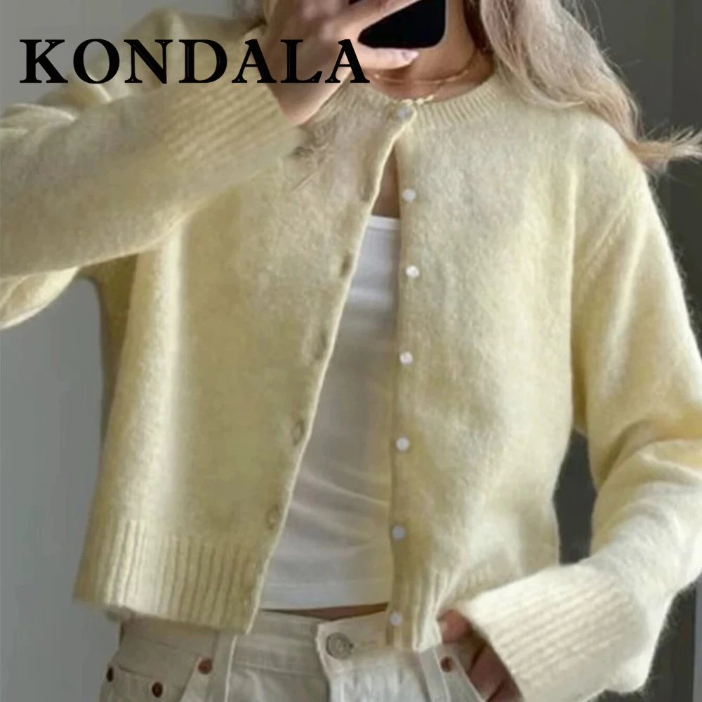 

KONDALA шикарный желтый Y2K повседневный женский трикотаж с длинными рукавами, мода 2022, осенний однобортный уличный свитер с круглым вырезом, Mujer