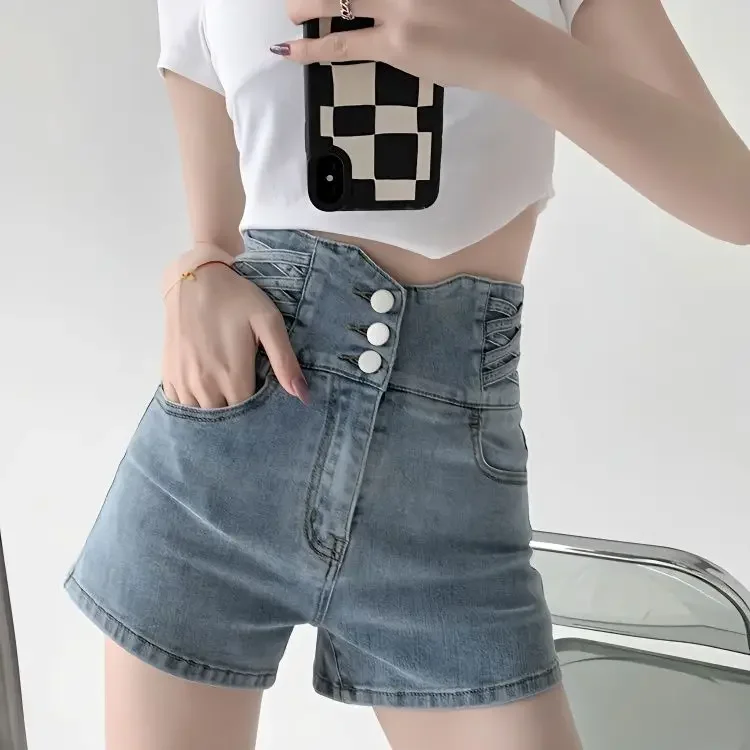 

Джинсовые шорты в стиле ретро, женские шорты с высокой талией, горячие девушки, сексуальные, эластичные, с подтяжкой ягодиц, тонкие шорты трапециевидной формы, XT1099