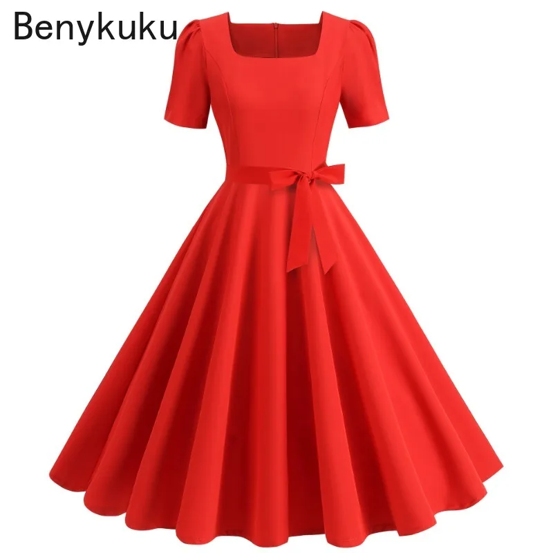 Red Square Collar Retro Short Sleeve Summer Clothes 2026 Audrey Hepburn 50s 60s Vintage Pin Up Rockabilly Dress Women Clothing