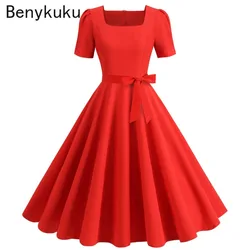 Red Square Collar Retro Short Sleeve Summer Clothes 2026 Audrey Hepburn 50s 60s Vintage Pin Up Rockabilly Dress Women Clothing