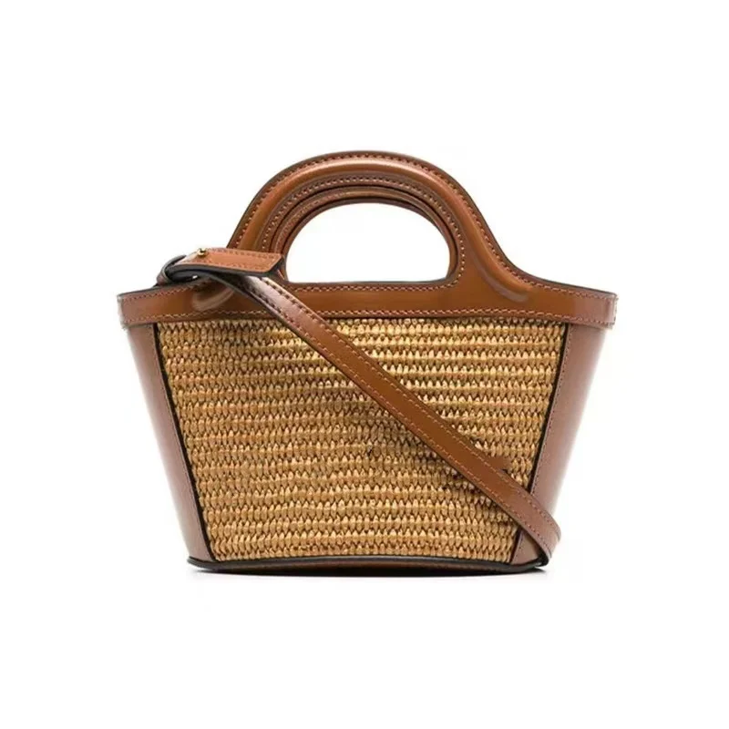 2024 Summer Classic Woven Vegetable Basket Handbag Straw Bag Shoulder Bag Shopping Leather Woven Beach Straw Woven Girls Handhe