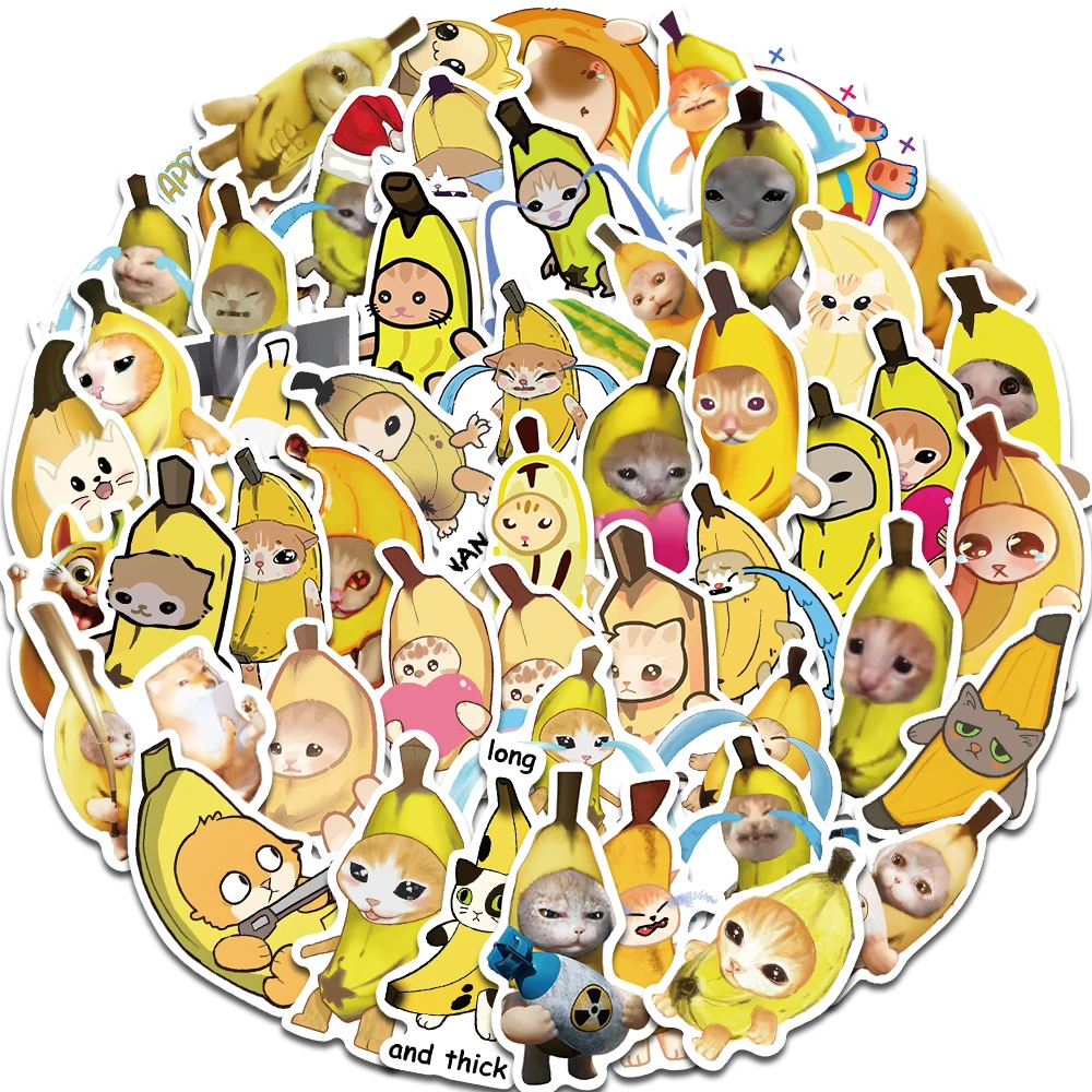 50PCS Cute Abstract Banana Cat Graffiti Stickers Skateboard Scrapbooking Collage Material Phone Cases Luggage Waterproof Sticker