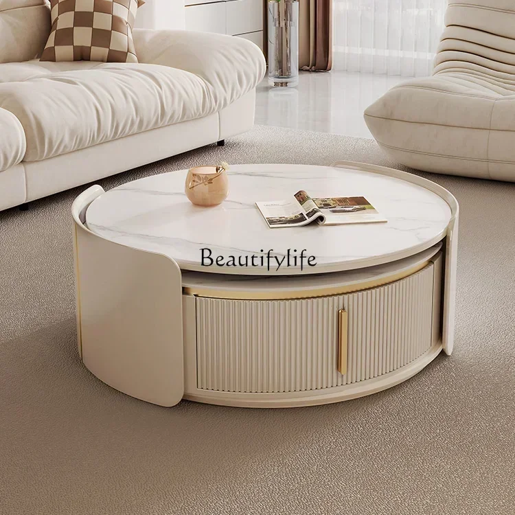 3.z.XX39Cream wind rock board coffee table living room household retractable size round combination