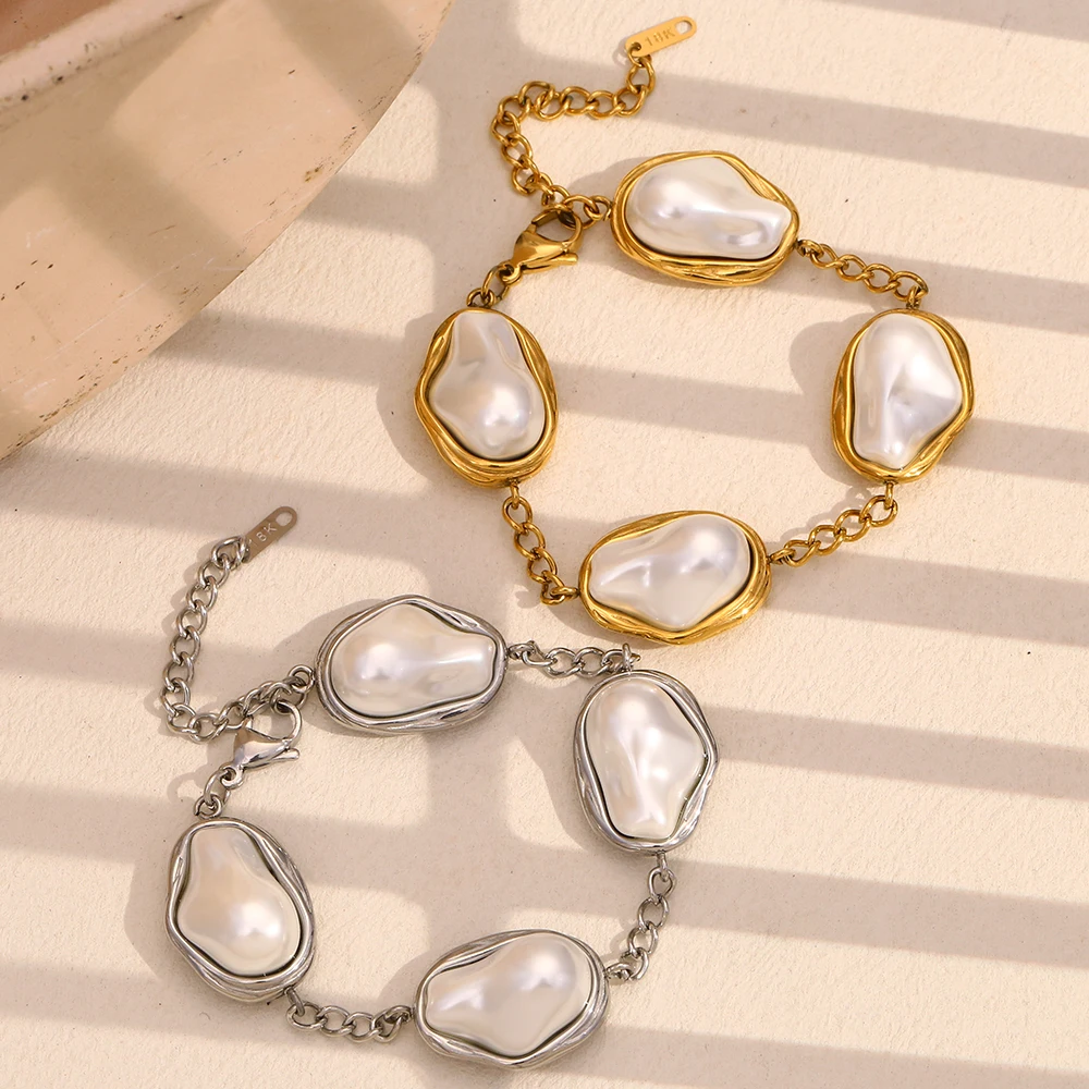 E.B.belle Baroque Large Size Irregular Pearl Bracelets Chain Stainless Steel Women’s Jewelry 18K Gold Plated