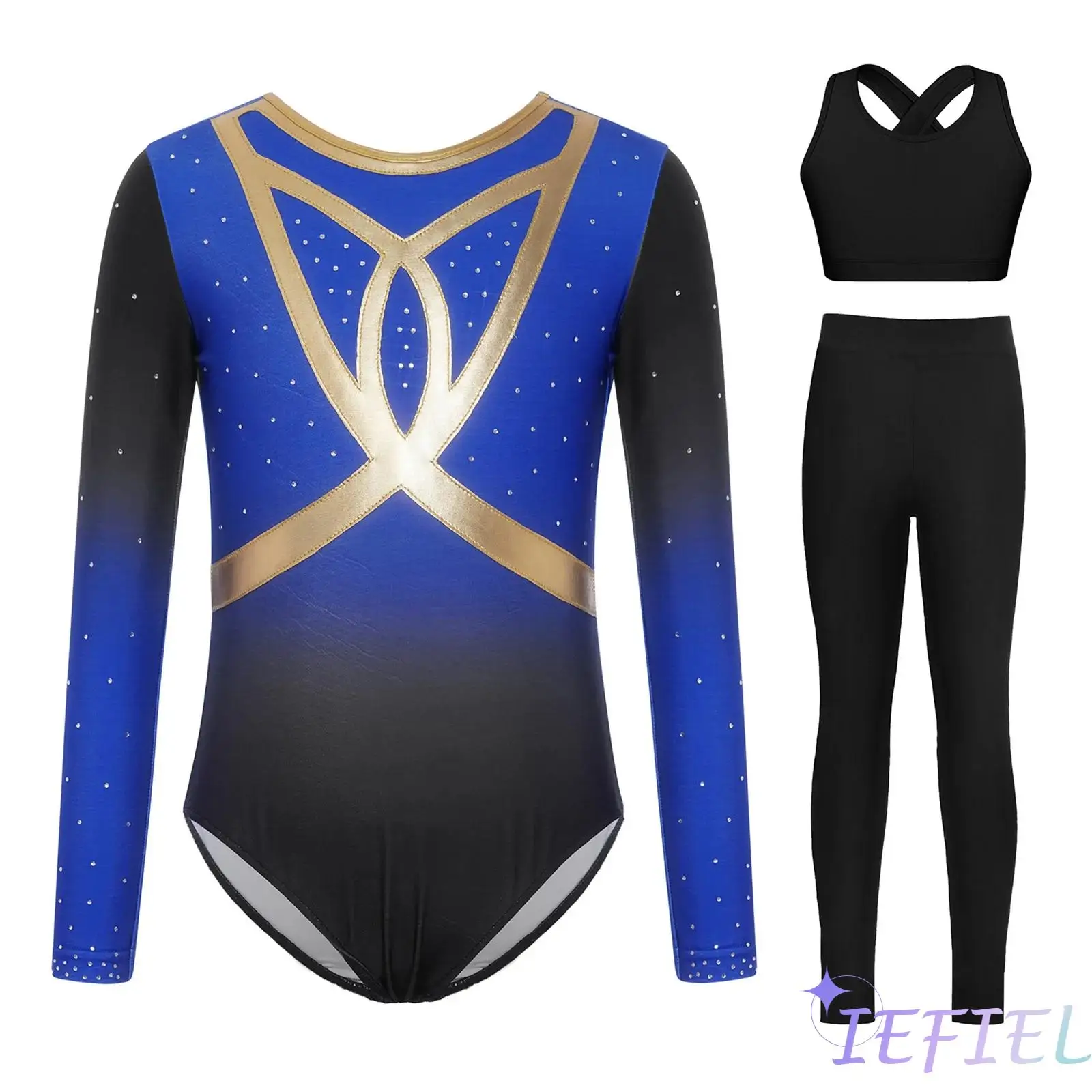 

Kids Girls Gymnastics Figure Skating Dance Outfit Long Sleeve Shiny Rhinestones Gradient Ballet Leotard with Vest and Leggings