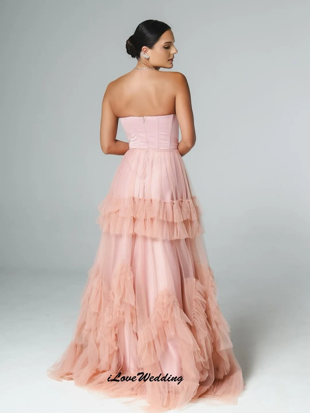 핑크 스트랩리스 프롬 드레스 2025 튤 A라인 웨딩 파티 드레스 여성용 게스트 티어드 롱 이브닝 드레스 갈라 맞춤 제작