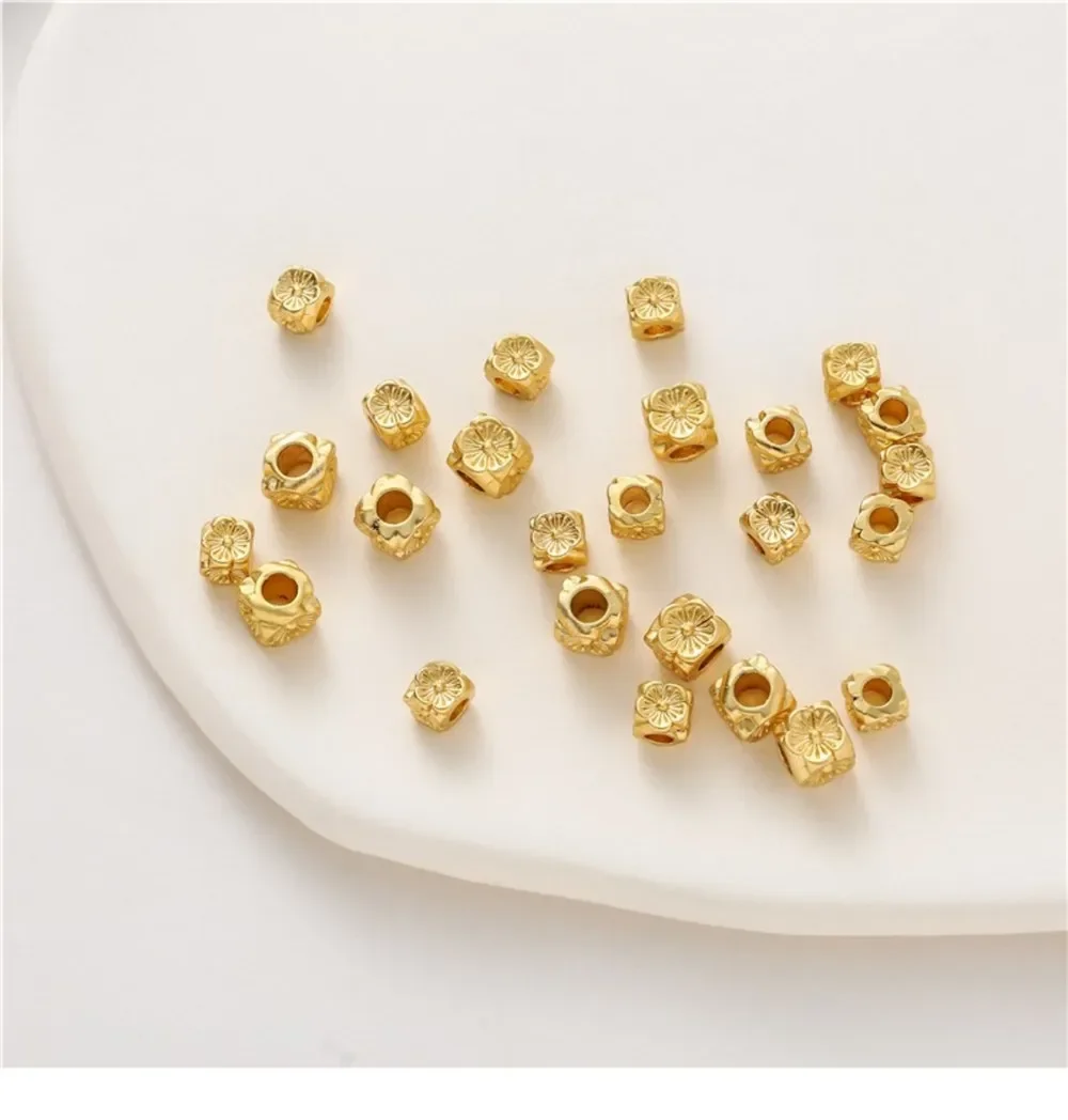 Ancient Gold Color Gold Square Four-sided Pattern Large Hole Bead-separated Bracelet Necklace DIY Handmade Jewelry Accessories