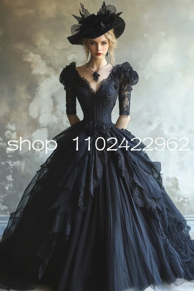 

Vintage Black Gothic Victorian Wedding Dresses Half Sleeve Ruched Pleated Lace-up Corset Bridal Gown Vampire Customsized