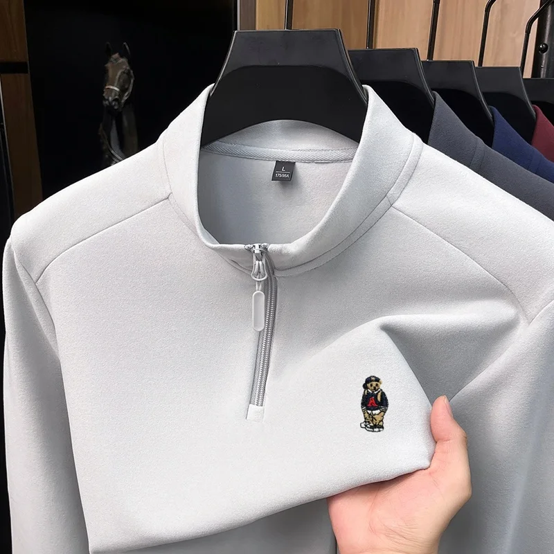 Fashionable and exquisite men brand thick zipper semi high neck sweater for daily comfort and warmth winter embroidered pullover