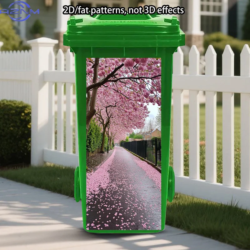 Cherry Blossom Trash Can Stickers Painting, Springtime Self-Adhesive Stickers, Pink Trees Trash Can Stickers, Scenic Path Wall