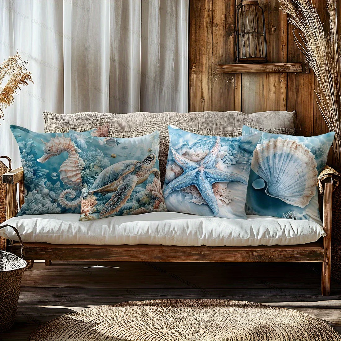 Set of Four Ocean Life Throw Pillow Covers: Starfish, Seahorse, Sea Turtle, and Seashell Designs for Coastal Decor