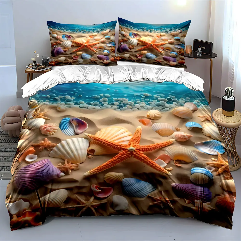 Seashells and Starfish on Sand Print Soft Comfortable Duvet Cover Bedding Set Included 1*Duvet Cover  2*Pillowcases Luxury Gift