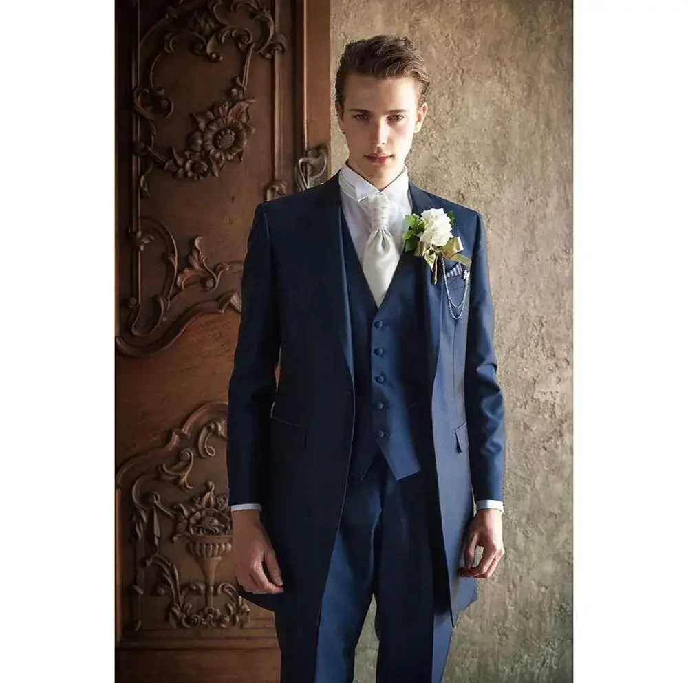 

Navy Blue Handsome High-end Men Suit Slim Fit Peak Lapel 3 Pieces(Jacket+Pants+Vest) Male Formal Wedding Party Set