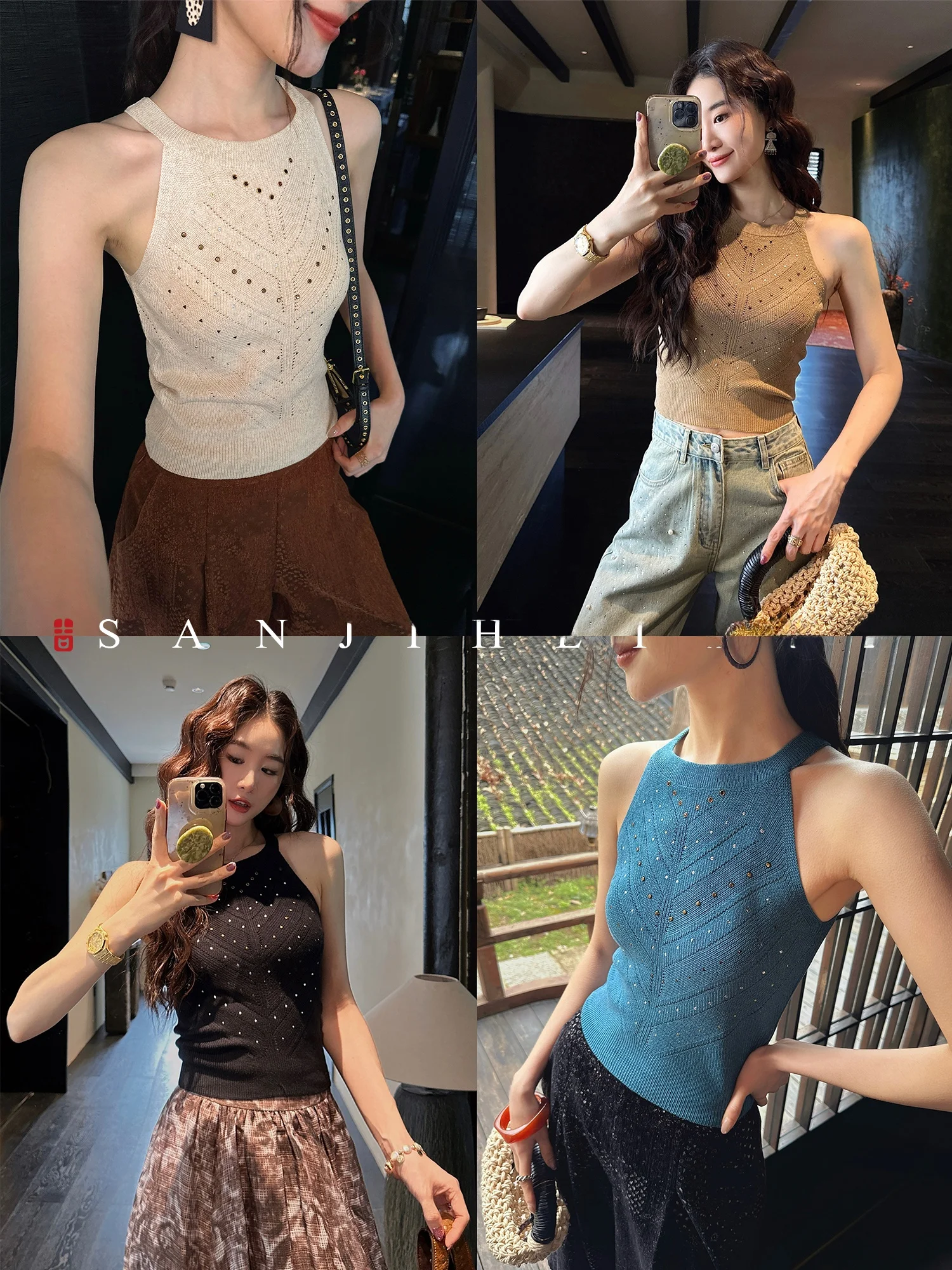 

Three Happiness Black Flower Knitted Vest Women's Linen Hollow out Unique Beautiful Street Style Slim Fit round Neck Top