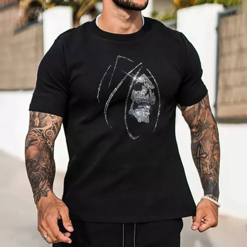 Quality Men's Fashion Oversized T-Shirts Scorpio Hot Drill Tee Tops Short Sleeve O-Neck Rhinestone Moto Biker Men Clothes Tshirt