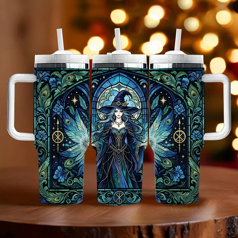 40oz Insulated Tumbler with Handle, Features Witch Stained Glass Printed Pattern, Suitable for Witch Lovers, Keeps Drinks Temperature for A Long Time, Perfect As Holiday And Birthday Gift for Daily Use And Outdoor Travel