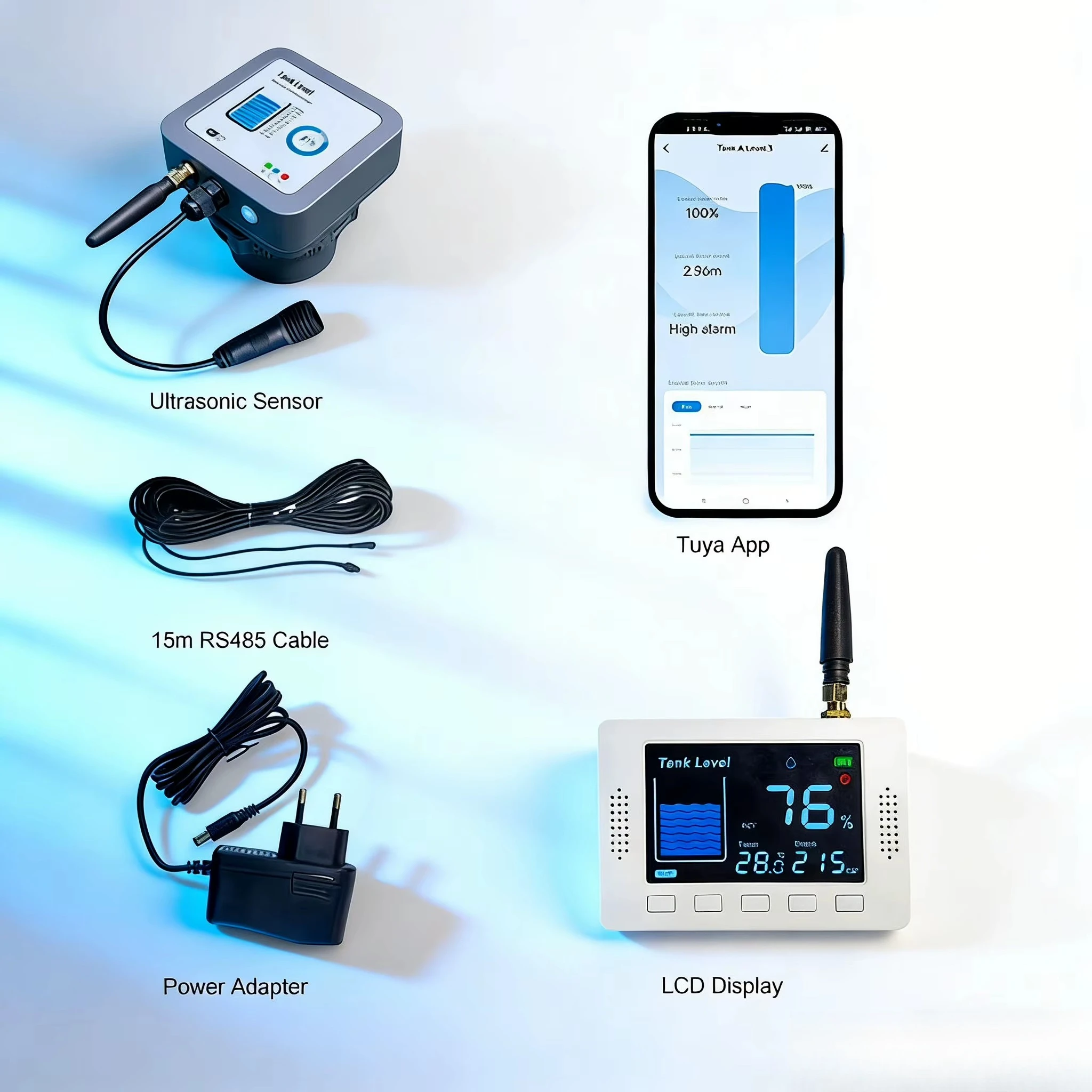 Smart Ultrasonic Level Gauge with LCD Display, RS485 & WiFi for Pig Feed Silo, Rainwater and Groundwater Level Measurement