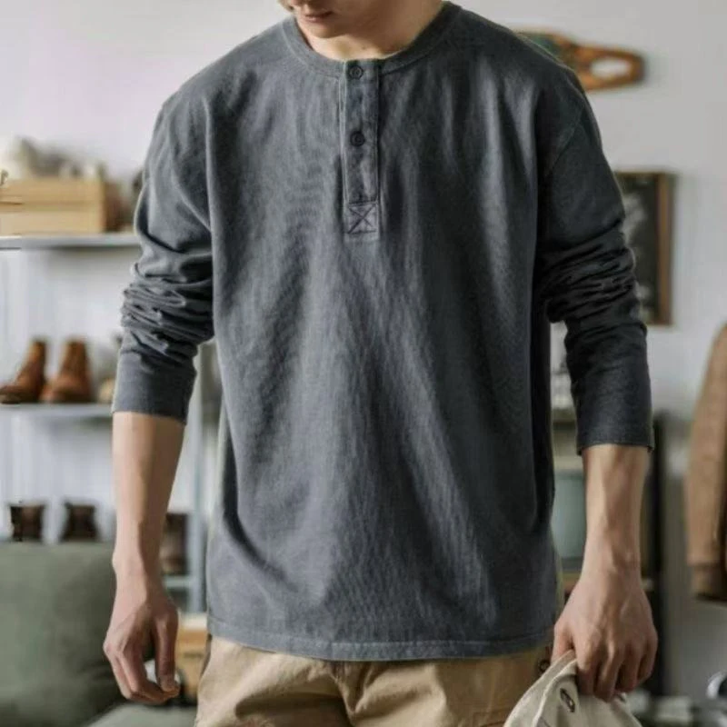 

Men's Solid Color Retro Henley Long Sleeve T-Shirt New American Casual Loose Tough Guy Style Basic Bottoming Tops Spring Autumn