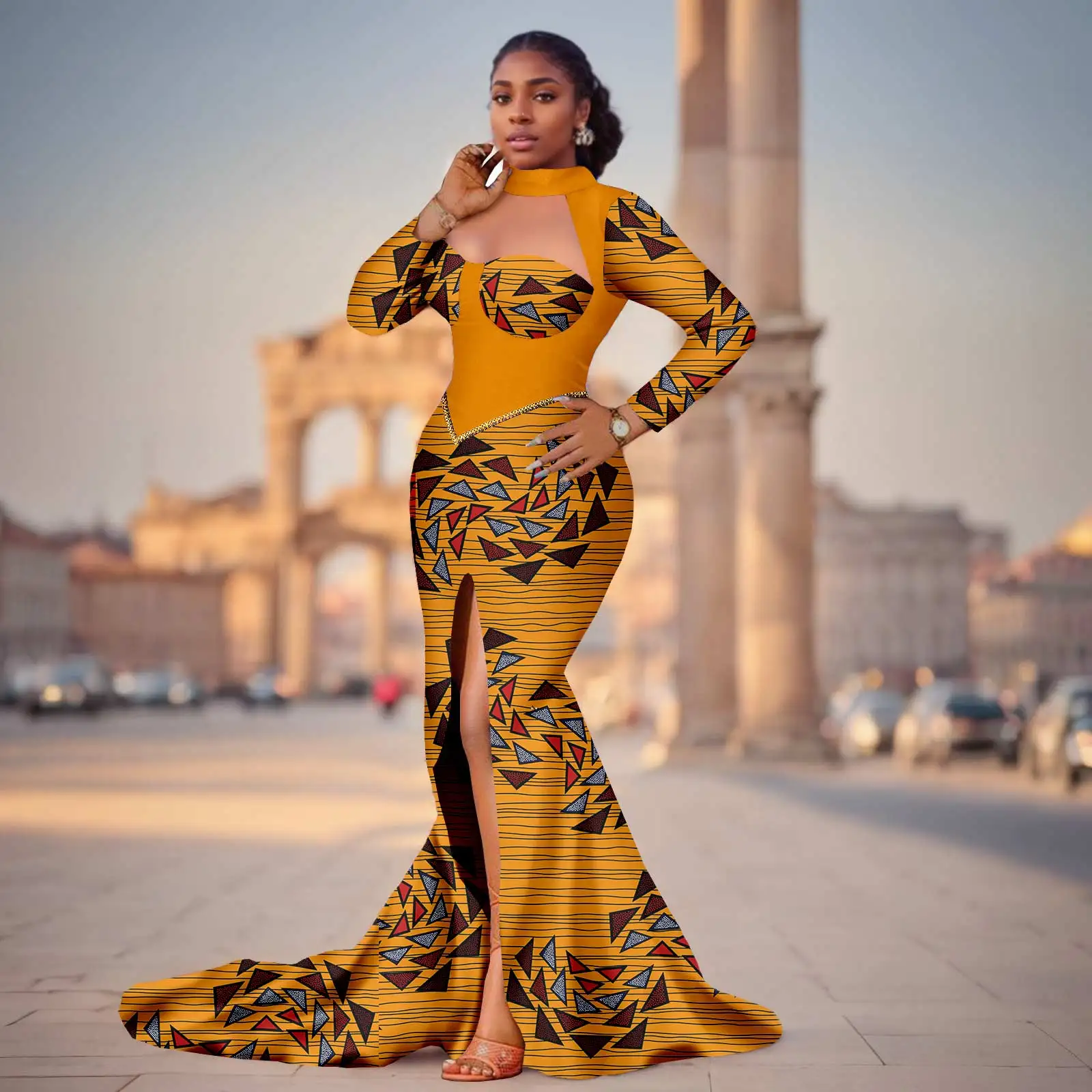 

Afripide Африканское женское сексуальное вечернее платье с длинным рукавом и низким воротником, юбка в пол с разрезом 2425198