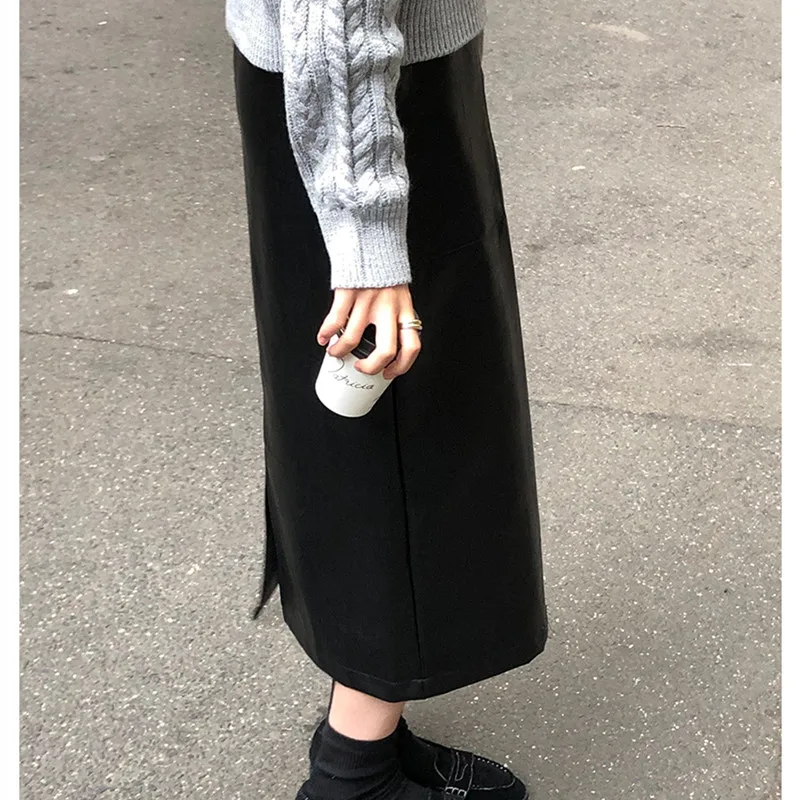 High Waist PU Leather A-Line  Skirt Autumn Style Elegant Back Split Casual High Waist Standard Fit Midi Skirt for Women