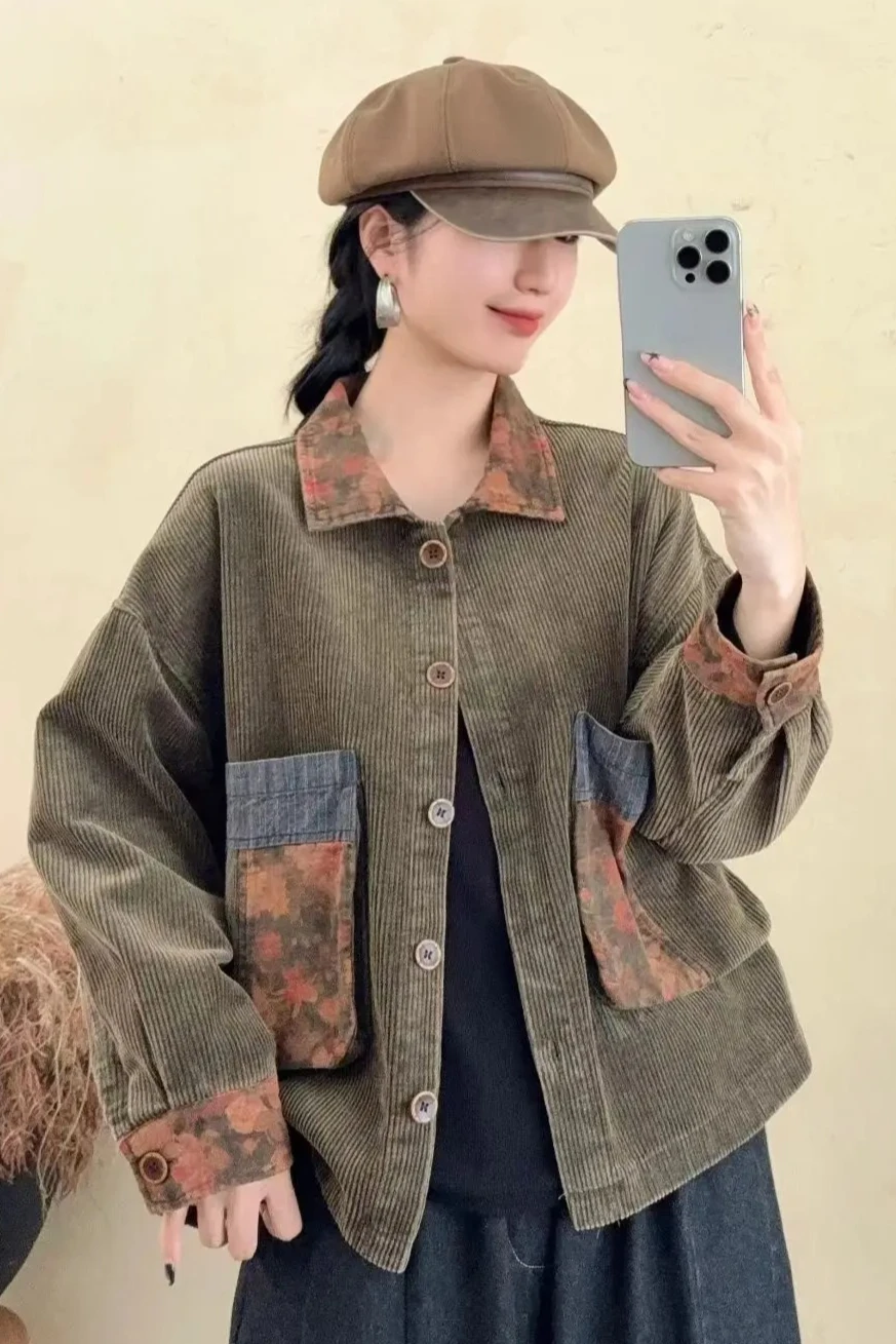 

Новая женская вельветовая куртка с принтом и вставками, повседневная, весна-осень 2026