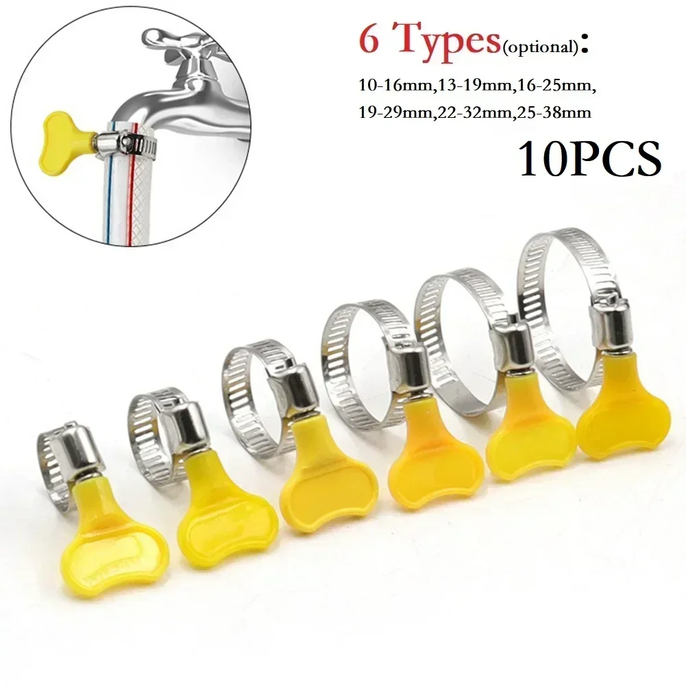 10pcs 10-38mm Hose Clamps Adjustable Yellow Plastic Handle Hand Wriggle Hose Clamp Stainless Steel Pipe Clip For Pressure Tubes