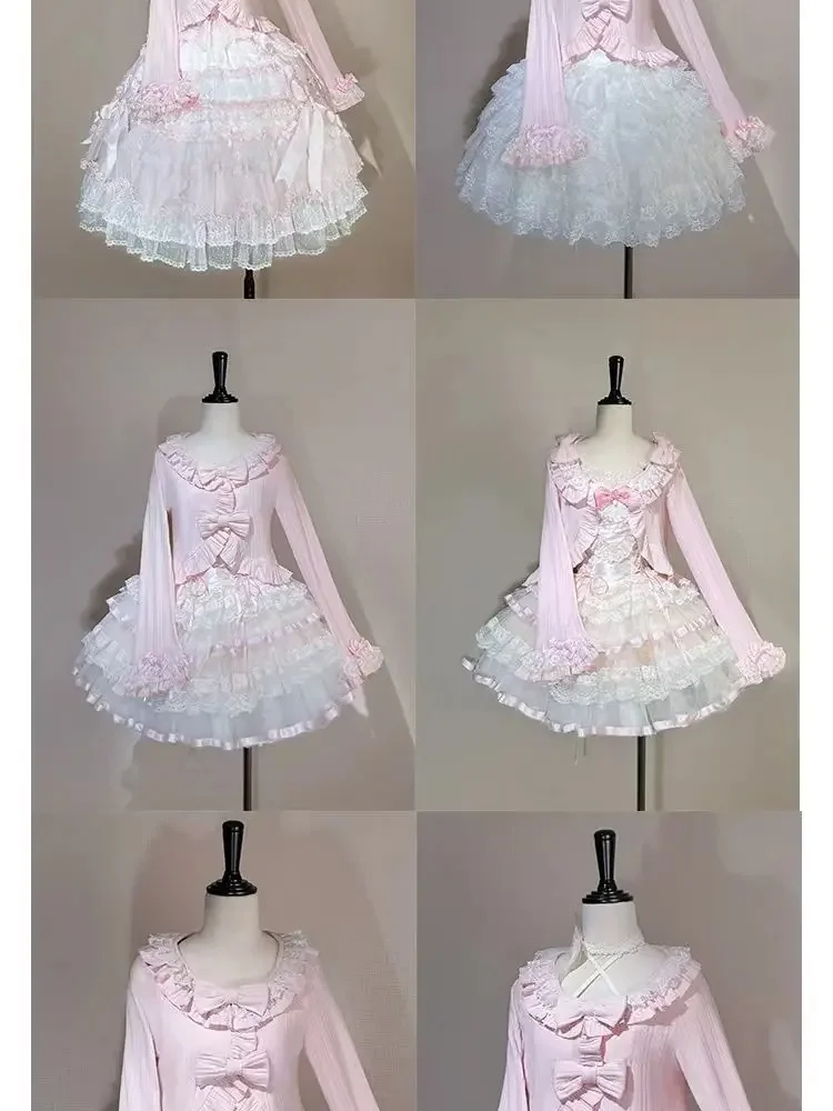 Cappotto maglione con fiocco in pizzo dolce autunno inverno Cappotto cardigan lavorato a maglia stile Lolita giapponese Kawaii da donna Top corto sottile carino