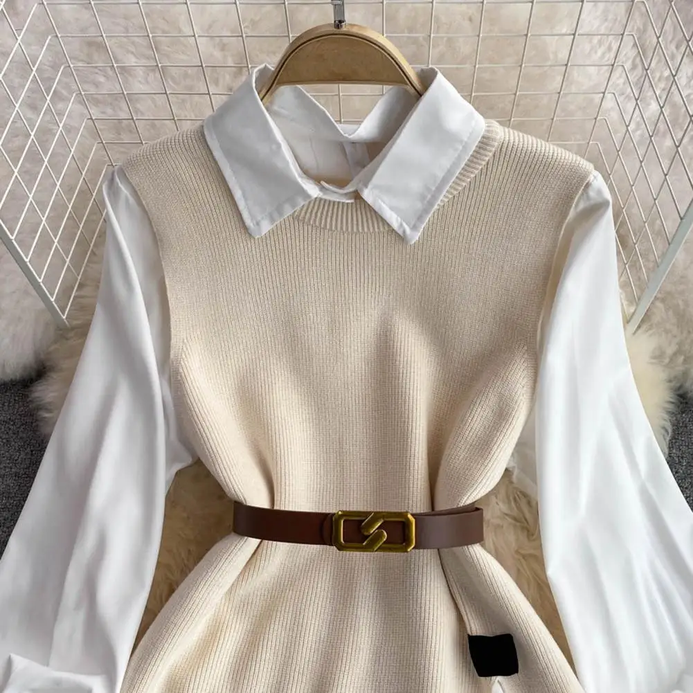 Breathable Women Two-piece Set Stylish Women's Shirt Vest Set with Belt 3 Piece Set Featuring Long Sleeve Shirt for Casual