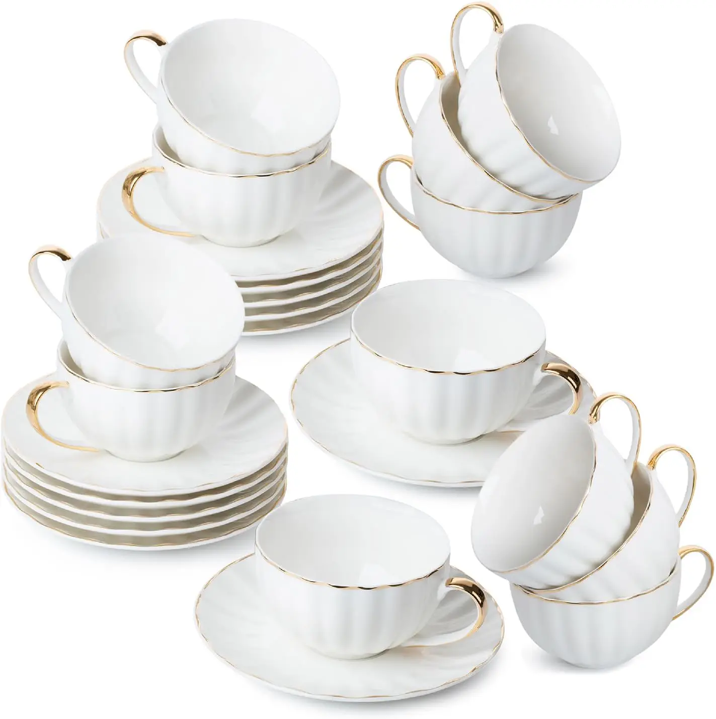 

12-Piece White Porcelain Tea Cup and Saucer Set with Gold Trim, Dishwasher Safe, Elegant Gift for Christmas