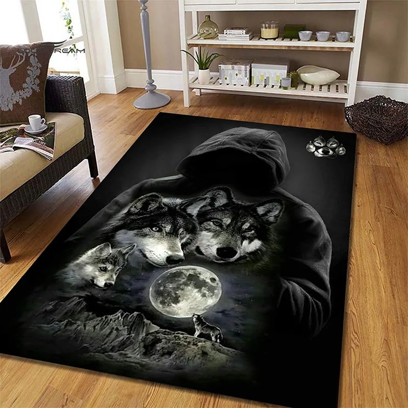 Lobo e lua padrão tapete para sala de estar quarto decoração de casa antiderrapante sofá mesa de café grande área macia yoga tapete