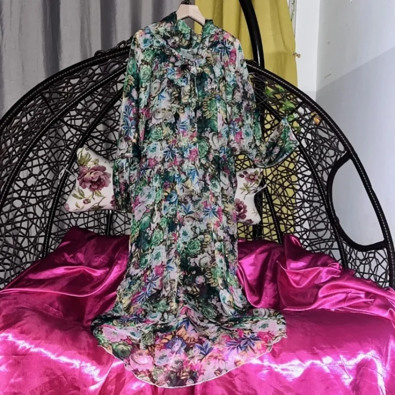 Bata de satén con estampado floral, suave y brillante, con lazo, manga larga, vestido para parejas, sedoso, holgado, ropa de estar en casa, camisón.