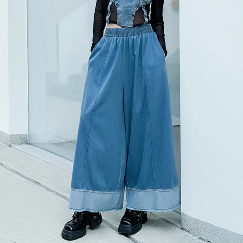 HKSH Lente Herfst Nieuwe Vrouwen Wijde Pijpen Jeans Elastische Taille Kleurblok Amerikaanse Retro Veelzijdige Casual Chic Denim Broek HK17498