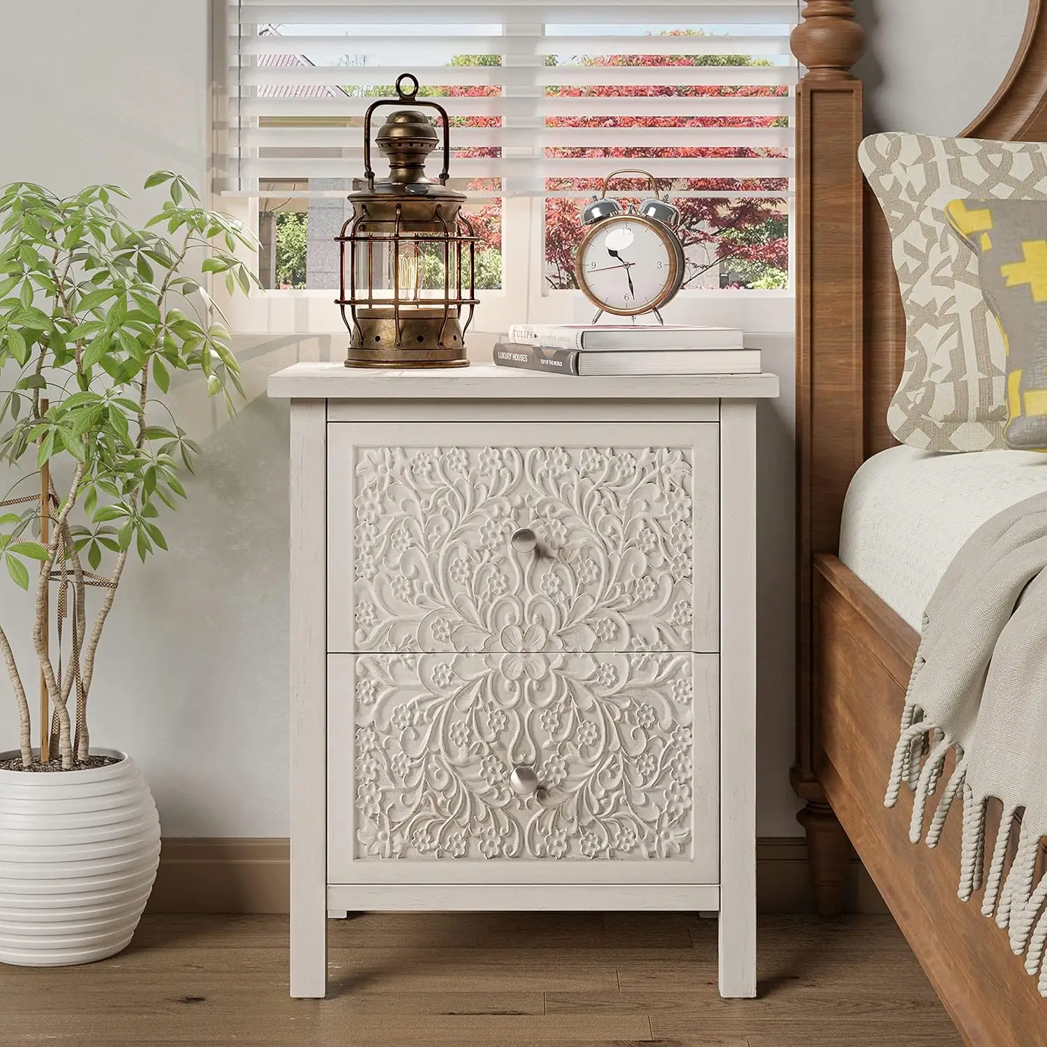 Nightstand with 2-Drawer, Flower Motif End Table for Small Spaces, French Country, Modern, Distressed Finish, White-Washed