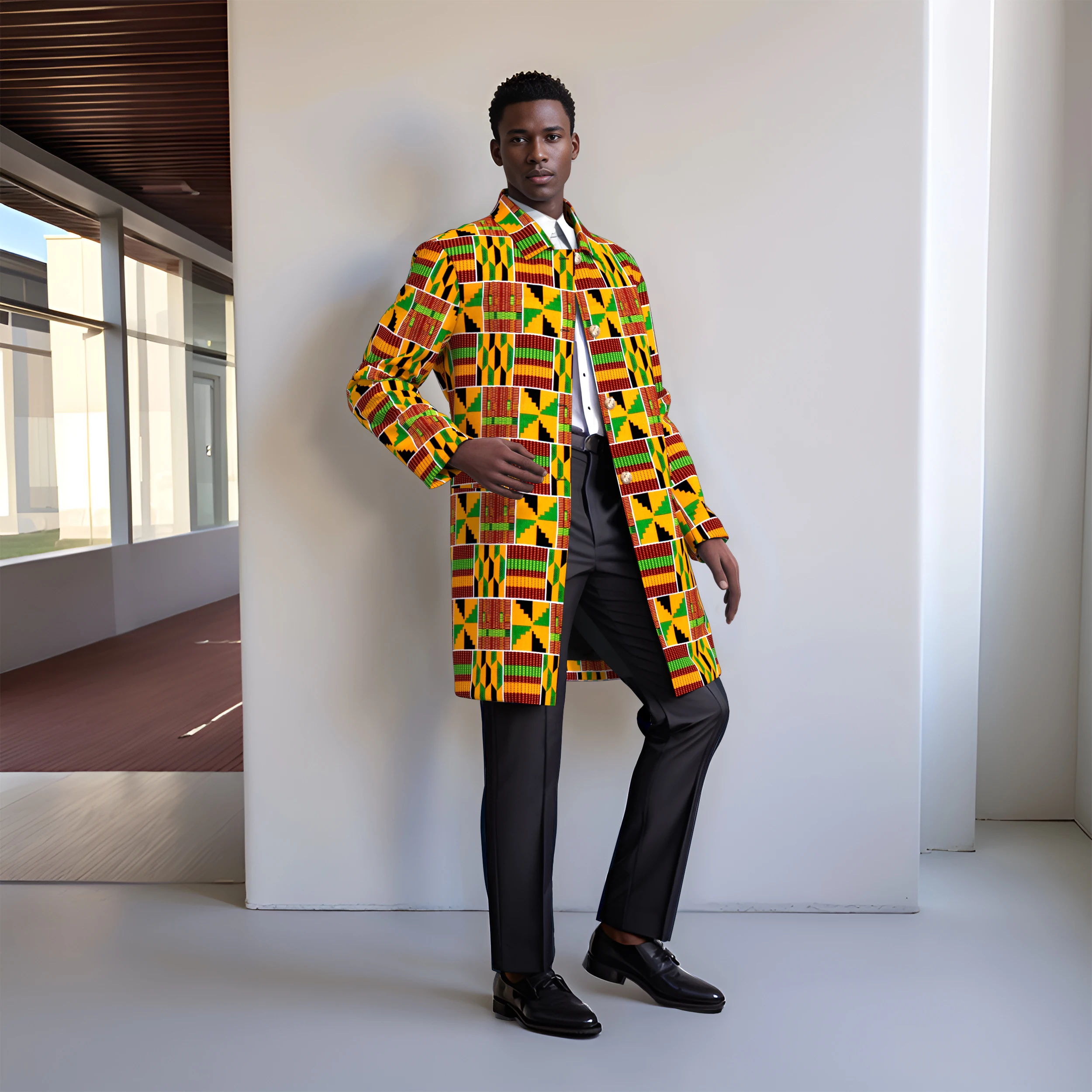 Men's Vibrant African Ankara Print Long Coat Geometric Floral Pattern Overcoat for Fashionable Casual Blazer WYN2313